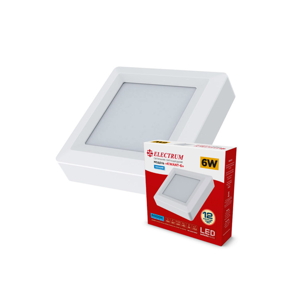 Світильник настінно-стельовий накладний світлодіодний квадратний ELECTRUM KVANT 6Вт 4000К